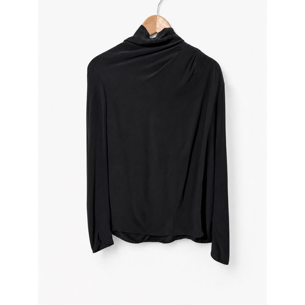 TY-LR 100% Silk Black Mock Neck Blouse Women’s Medium Long Sleeve Draped Top